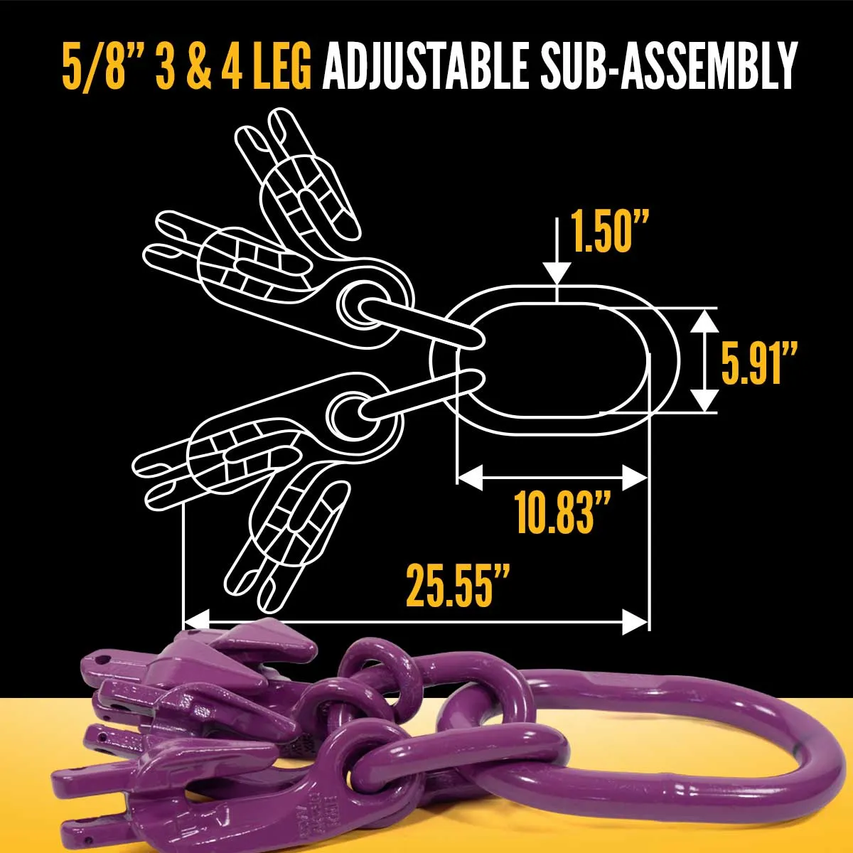 5/8" x 5' - Adjustable 3 Leg Chain Sling w/ Grab Hooks - Grade 100