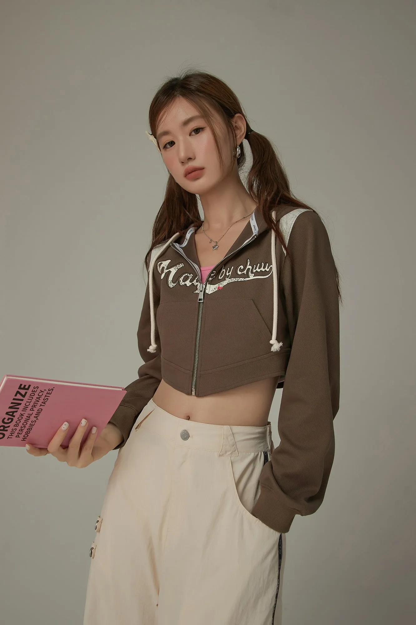 Lettering Cropped Sporty Zip-Up Hoodie