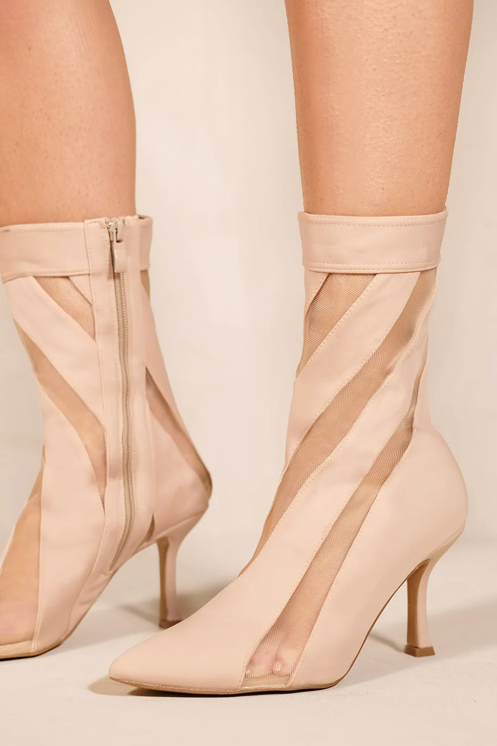 MACARIA MESH STRIPE MID CALF HIGH HEEL BOOTS WITH SIDE ZIP IN BEIGE LYCRA