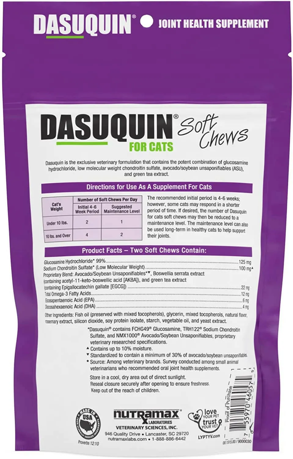 Nutramax Dasuquin Joint Health Supplement for Cats - With Glucosamine, Chondroitin, ASU, Boswellia Serrata Extract, Green Tea Extract, Omega-3’s, 84 Soft Chews