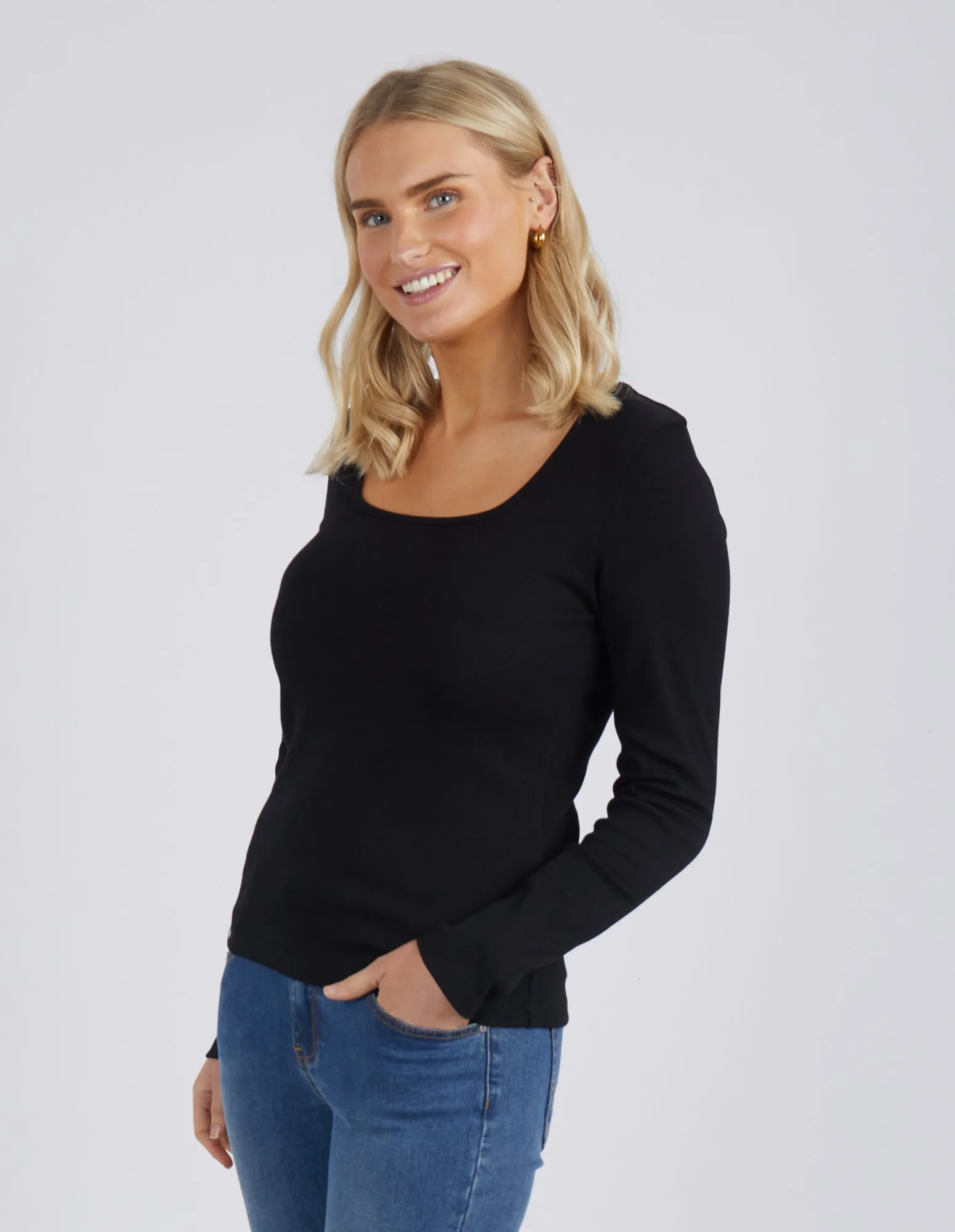 Square Neck Rib Long Sleeve Black