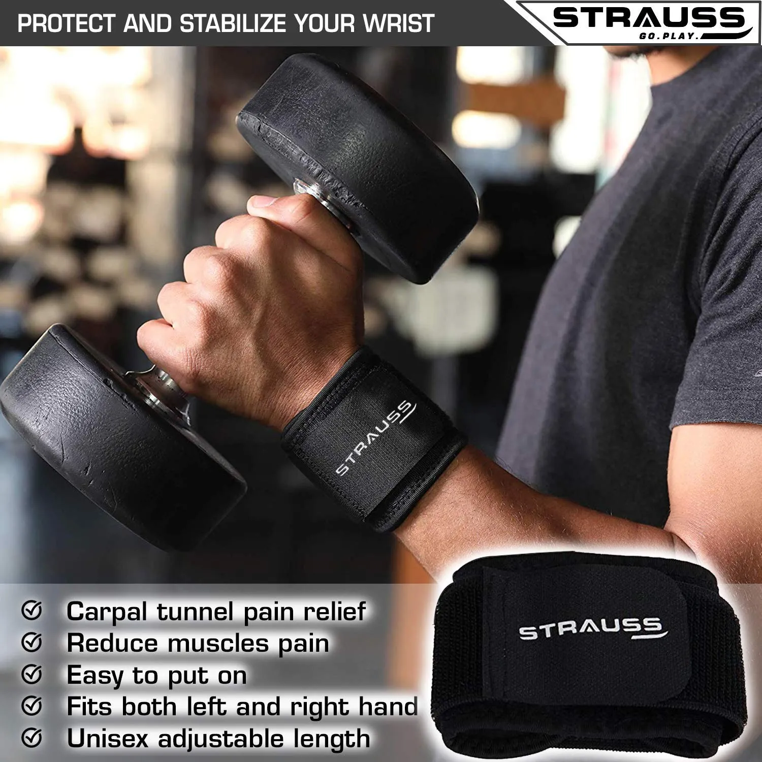 Strauss WL Cotton Gym Support, Pair (with Thumb Support) and Wrist Support, Free Size (Black)