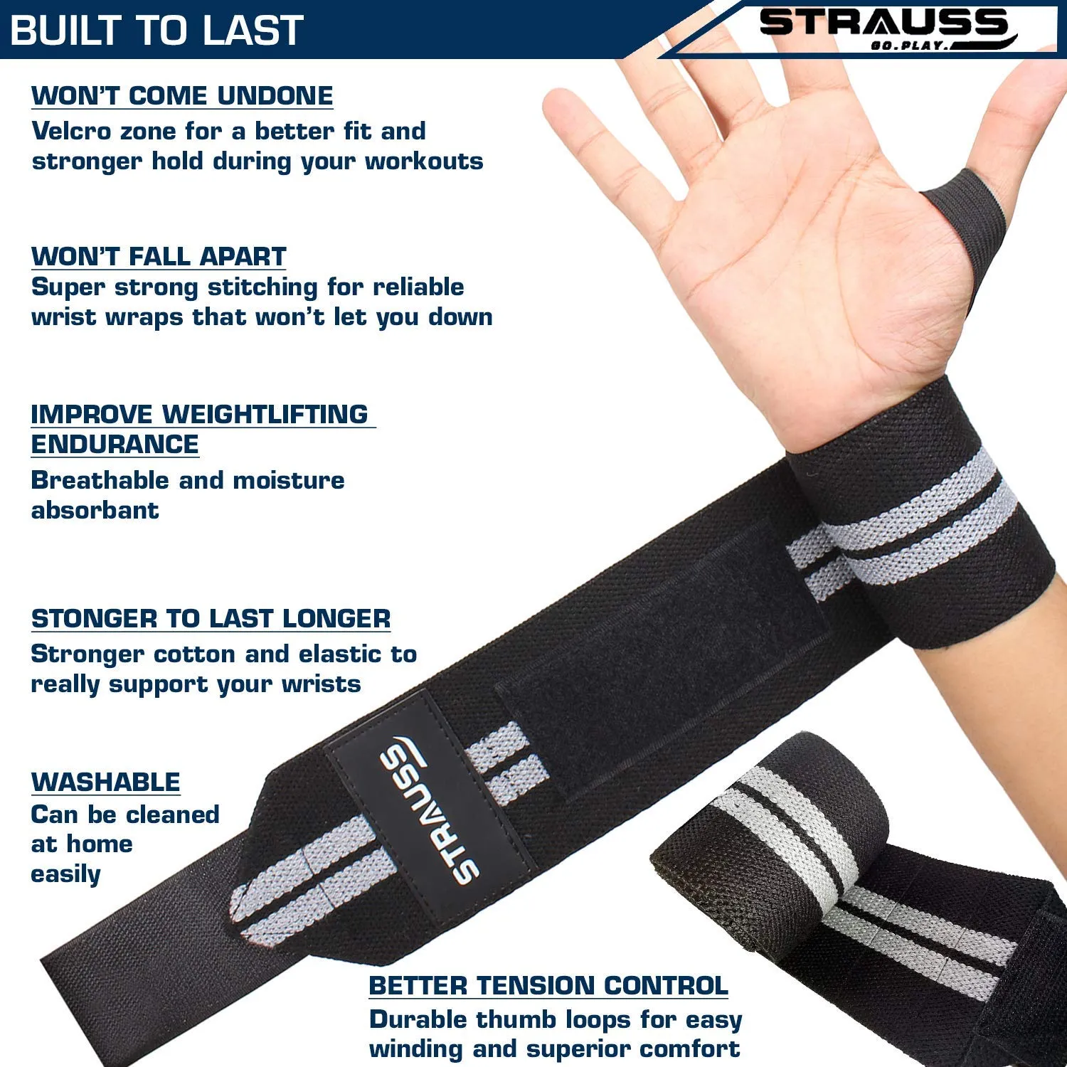 Strauss WL Cotton Gym Support, Pair (with Thumb Support) and Wrist Support, Free Size (Black)