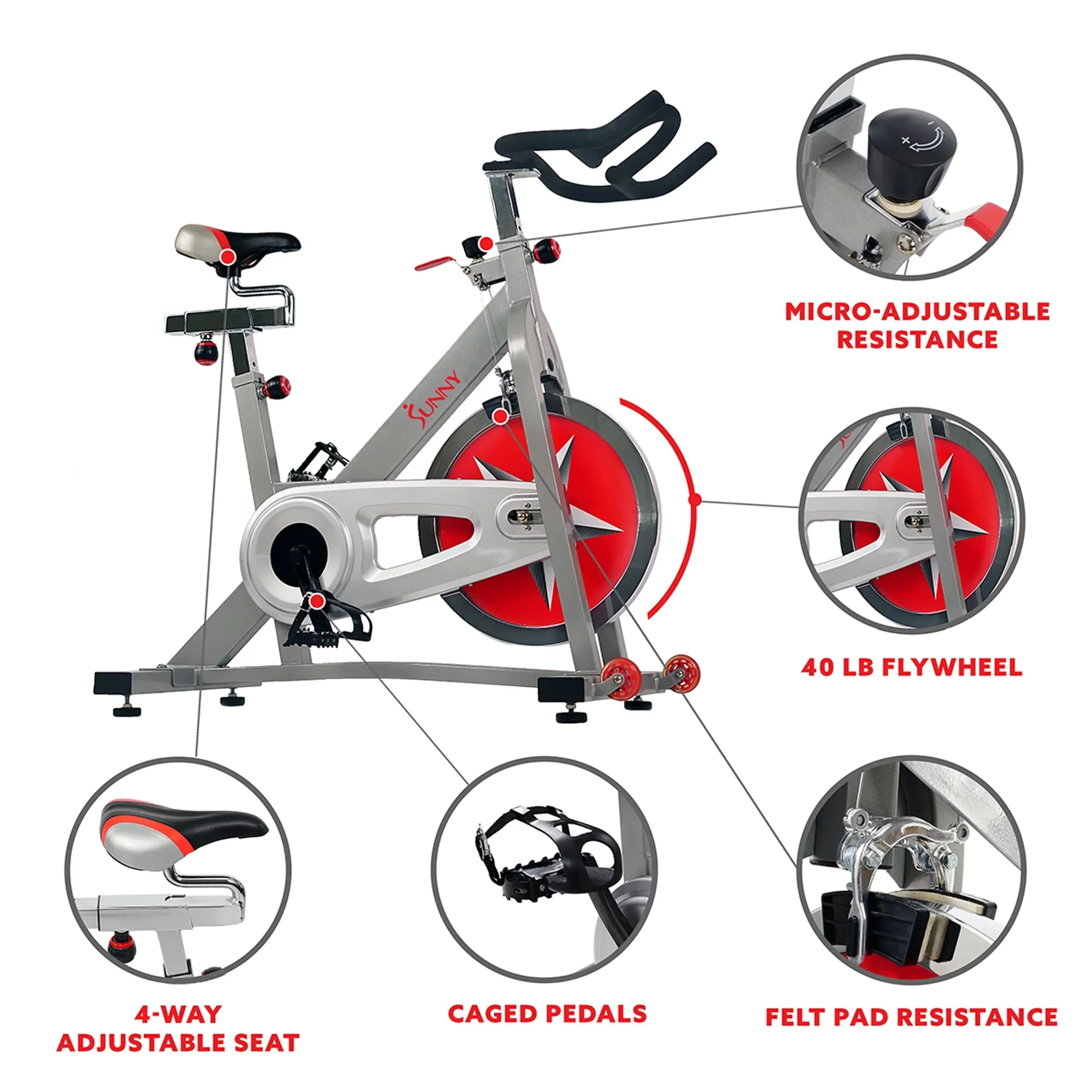 Sunny Health & Fitness Stationary Chain Drive 40 lb Flywheel Pro Indoor Cycling Exercise Bike Trainer, SF-B901