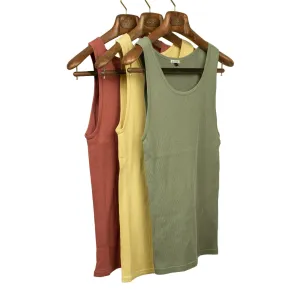 Tubular cotton tank top three-pack: sunshine, sandstone and olive