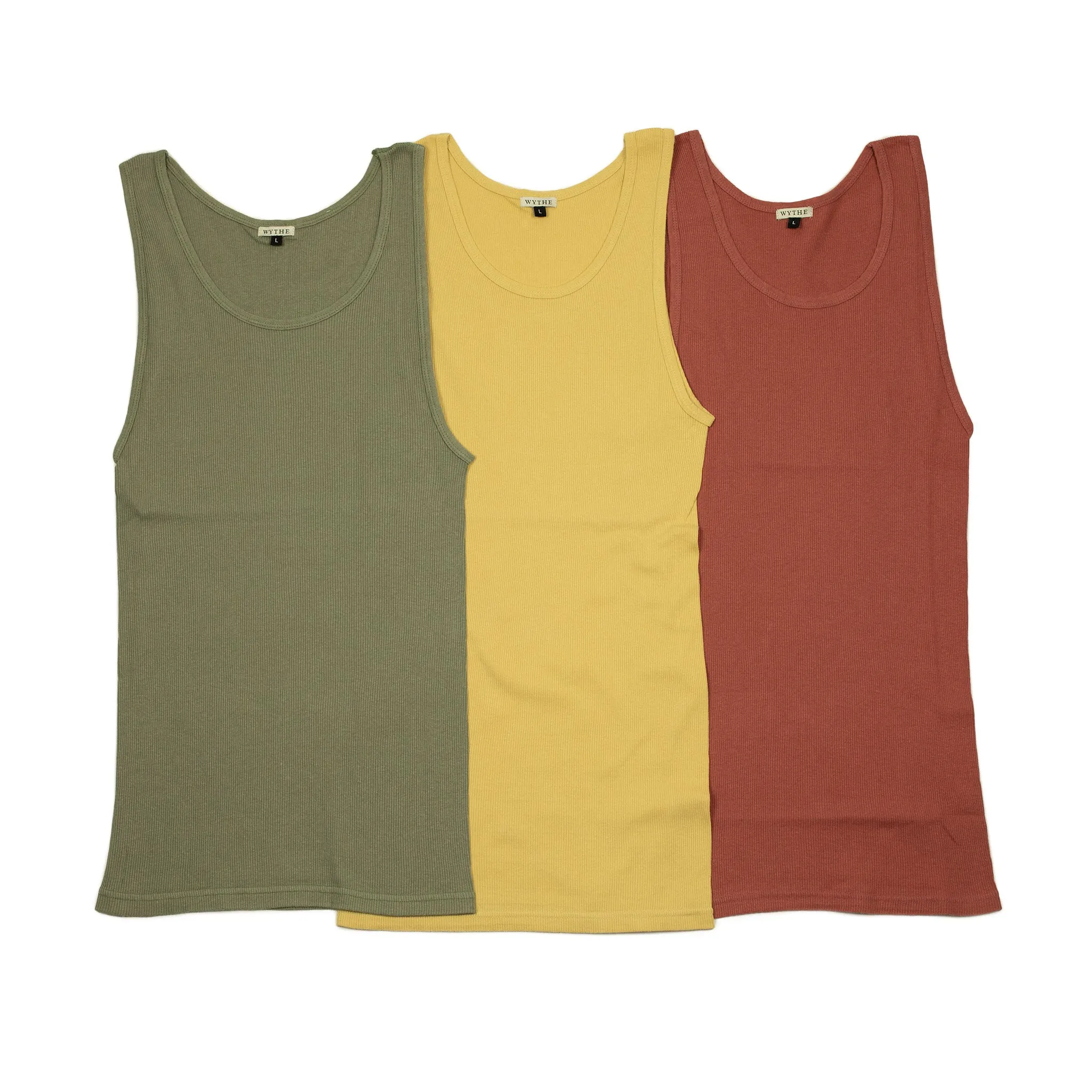 Tubular cotton tank top three-pack: sunshine, sandstone and olive