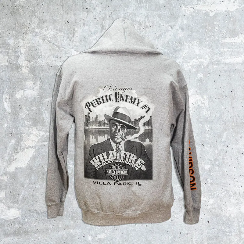 Wild Fire Harley Davidson- Gray Zip Up Hoodie with Text on Sleeve and Bar and Shield