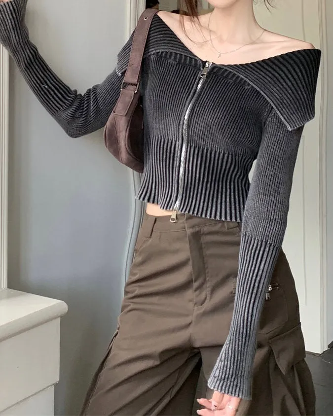 Y2K Off-Shoulder Zip-Up Top